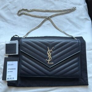 YSL Monogram Wallet on Chain in Grained Leather in 
Deep marine